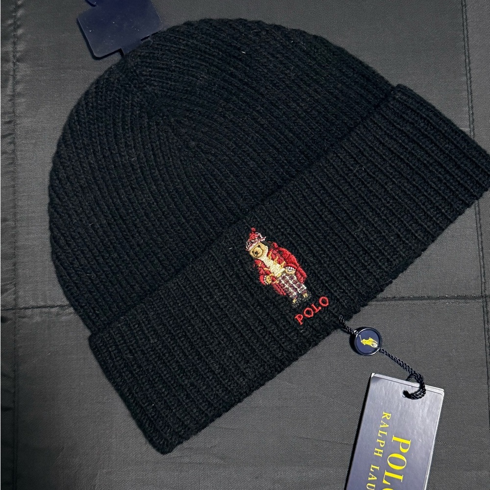 NWT Polo by Ralph Lauren Black Knit polo bear Beanie